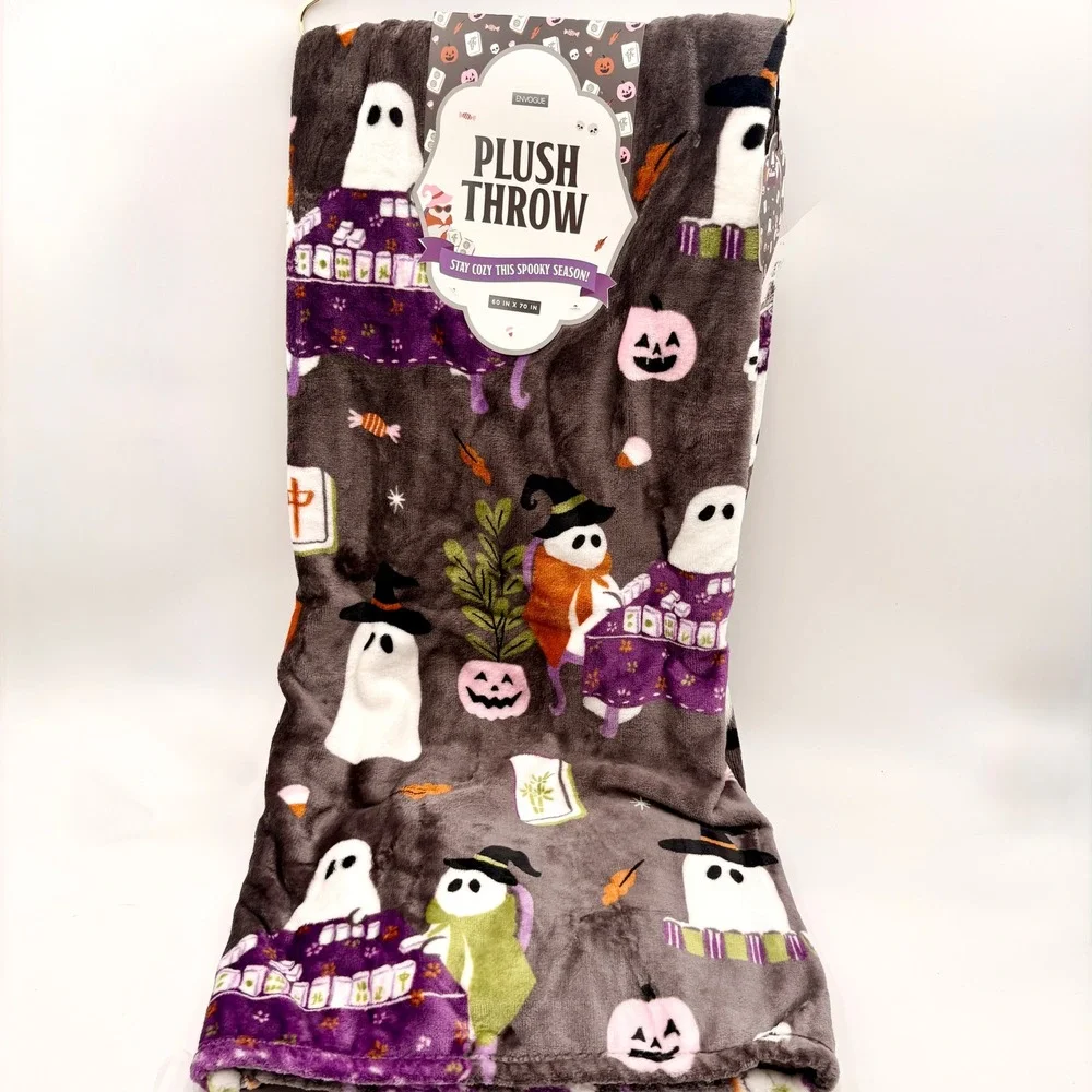 EnVogue Halloween Ghosts Playing Mahjong Plush Throw Blanket 60x70 Gray Pink
